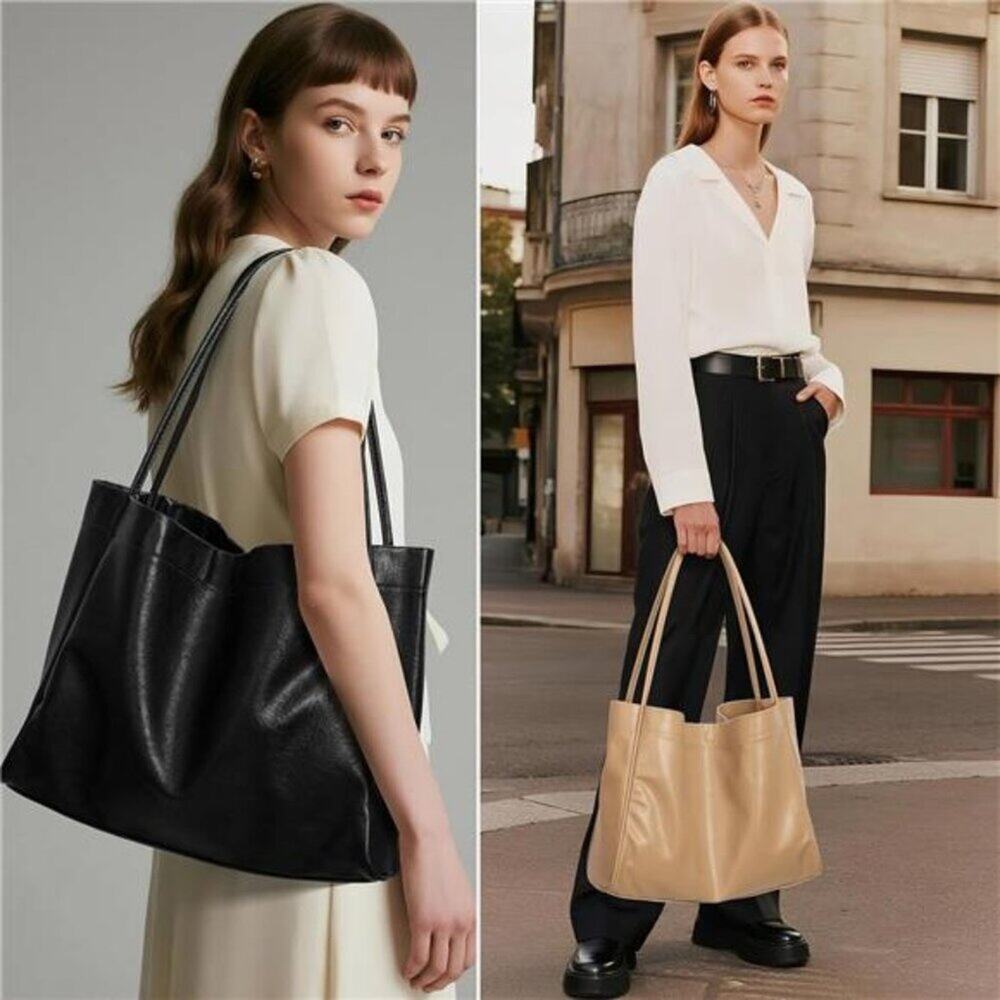 Tote Bag Beige for Women 2 Pcs Large Casual PU Weekender Bag Soft Vegan Leather - Picture 6 of 6